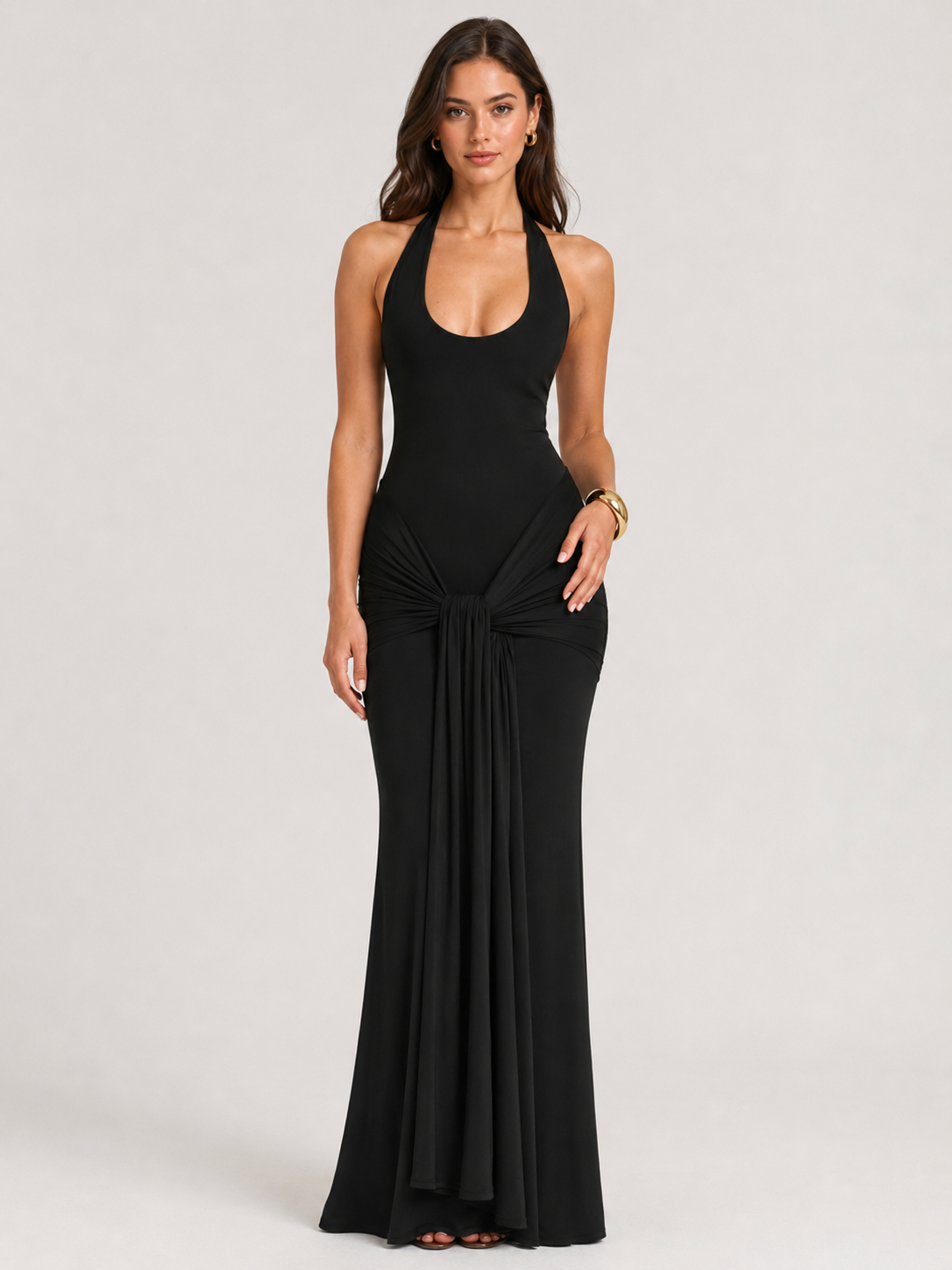 Callie Halter V Neck Draped Ruched Bodycon Maxi Dress