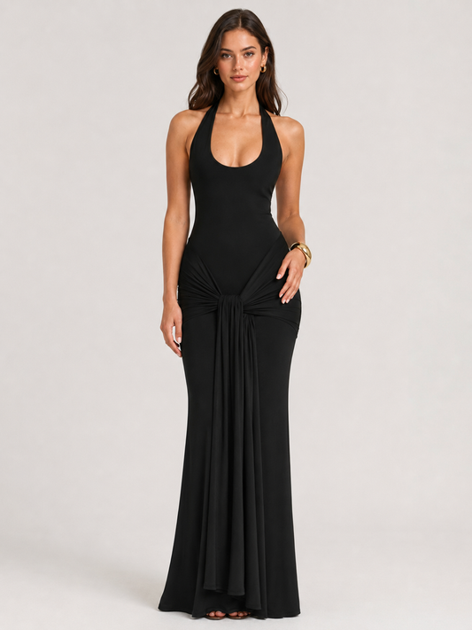 Callie Halter V Neck Draped Ruched Bodycon Maxi Dress