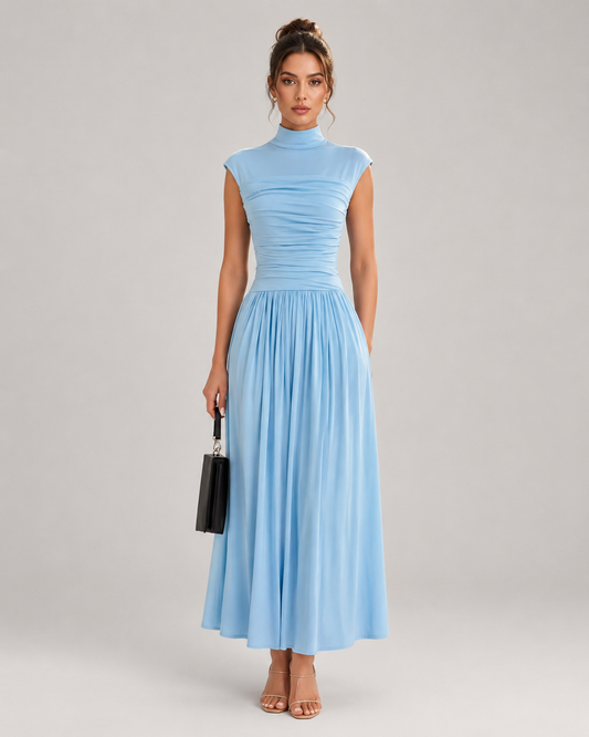 Pearl Long Sleeve Draped Fold Detail Maxi Dress in Blue
