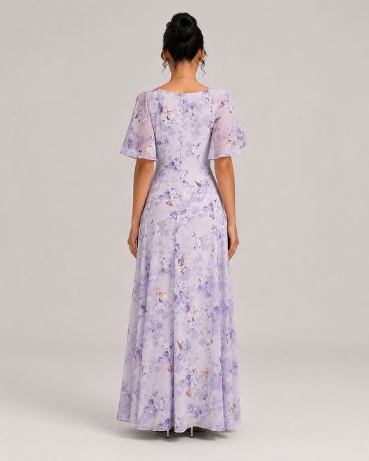 Violette Butterfly Print Batwing Mini Dress in Lavender