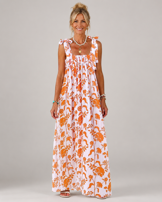 Romy Square Neck Tie Strap Boho Print Maxi Dress