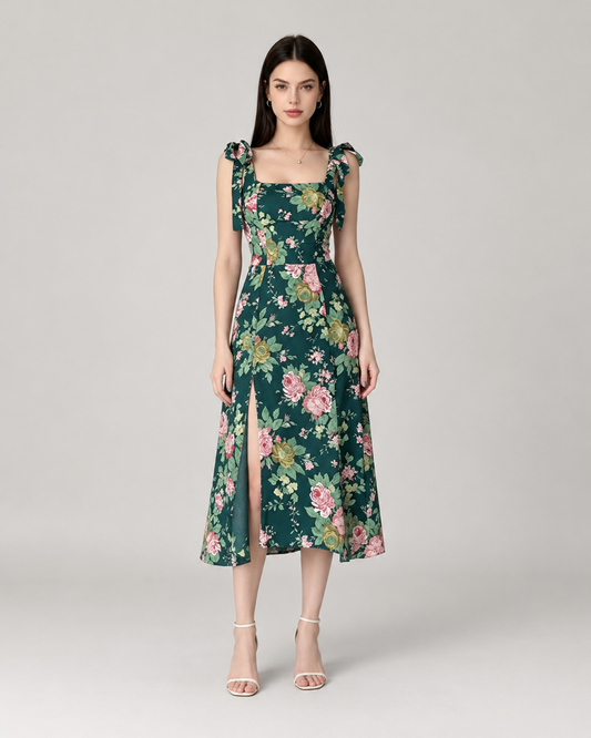 Camille Square Neck Floral Midi Dress in Vintage Green