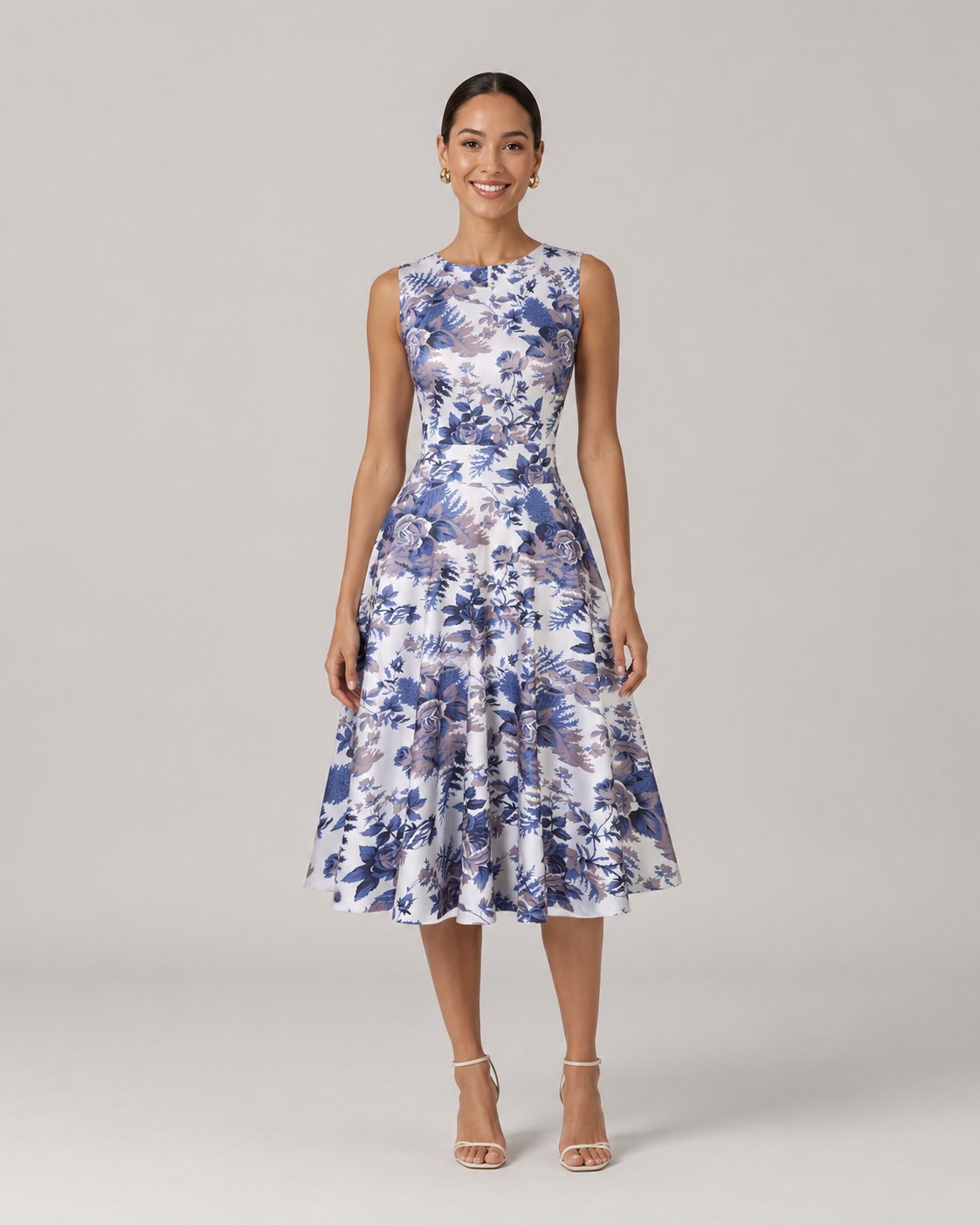 Audrey Round Neck Vintage Floral Midi Dress in Sky Blue