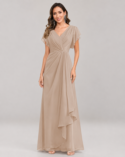 Beatrice Chiffon V-Neck Maxi Dress with Sleeves