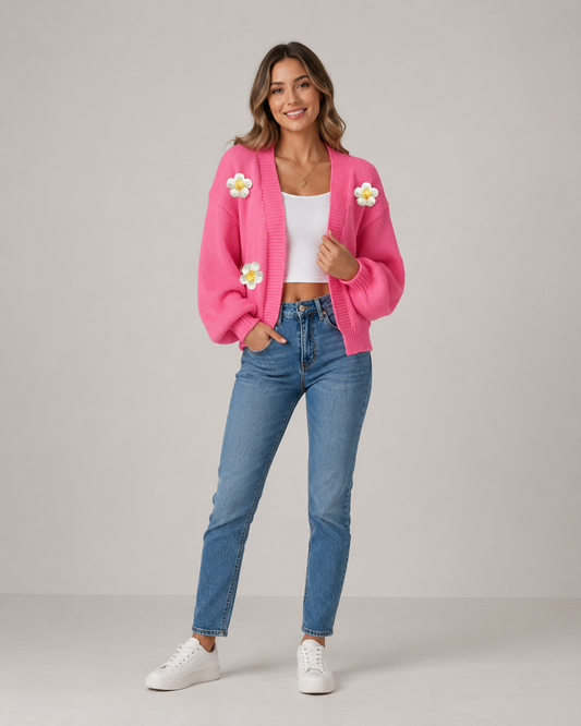 Heidi Flower Knit Lantern Sleeve Cardigan Jacket