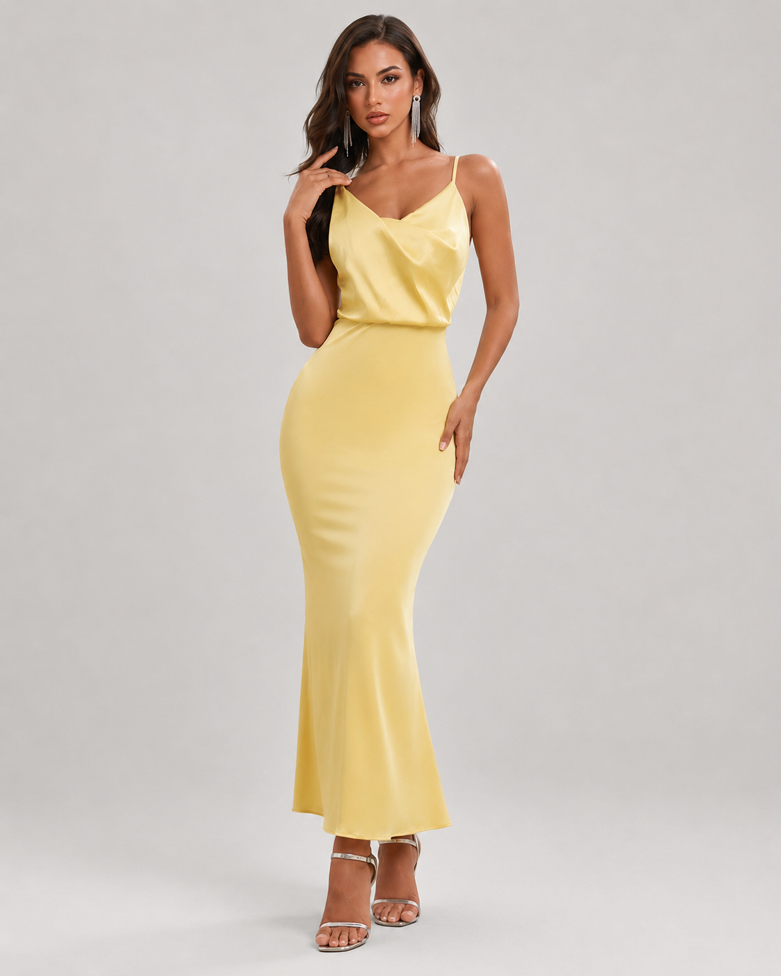 Primrose Cowl Neck Backless Satin Maxi Dress in Yellow
