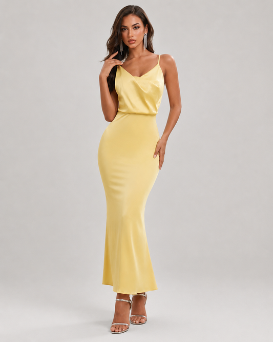 Primrose Cowl Neck Backless Satin Maxi Dress in Yellow