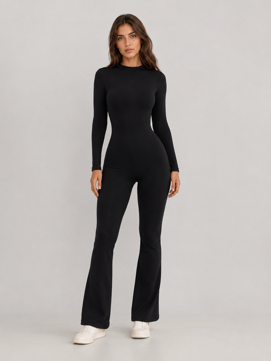 Hazel Square Neck Long Sleeve Wide Leg Jumpsuit in Black