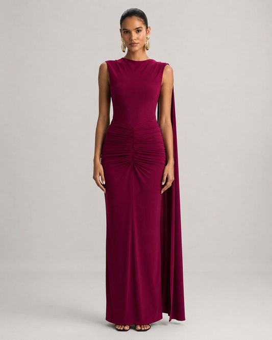 Verena Square Neck Backless Ruched Maxi Dress with Ribbon