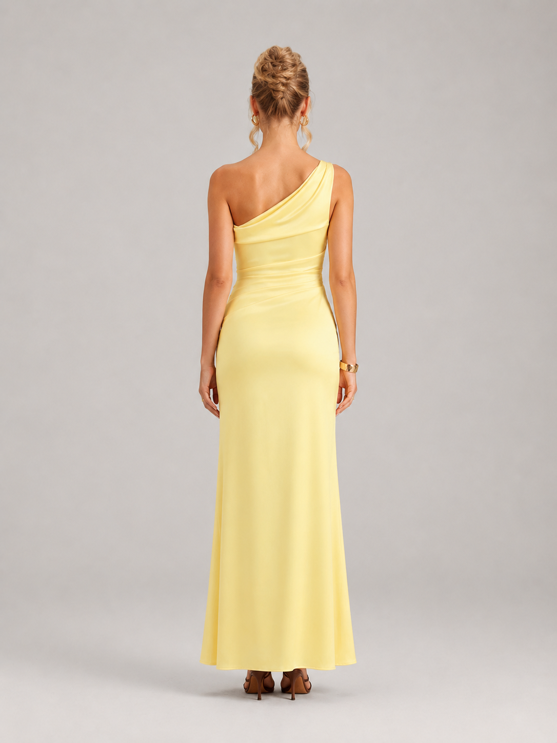 Etta One Shoulder Satin Bodycon Maxi Dress in Yellow