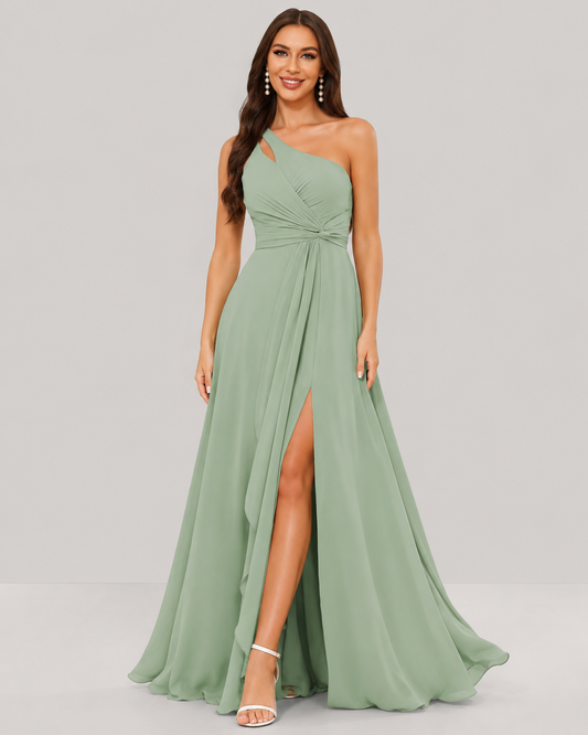 Cecily One Shoulder Ruffle Chiffon Maxi Dress with Slit