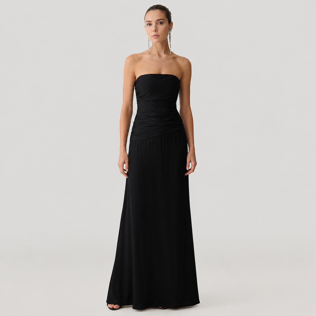 Blythe Strapless Ruched Lace-Up Maxi Dress in Black