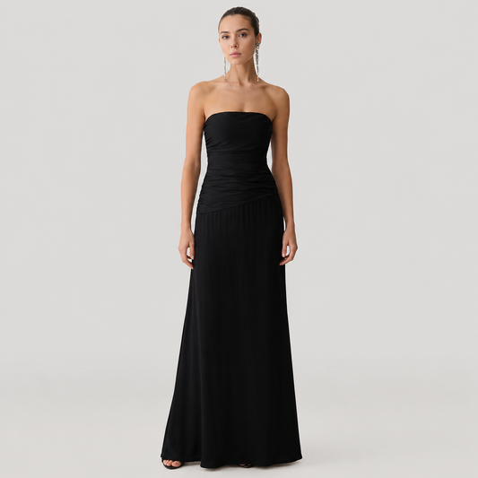 Blythe Strapless Ruched Lace-Up Maxi Dress in Black