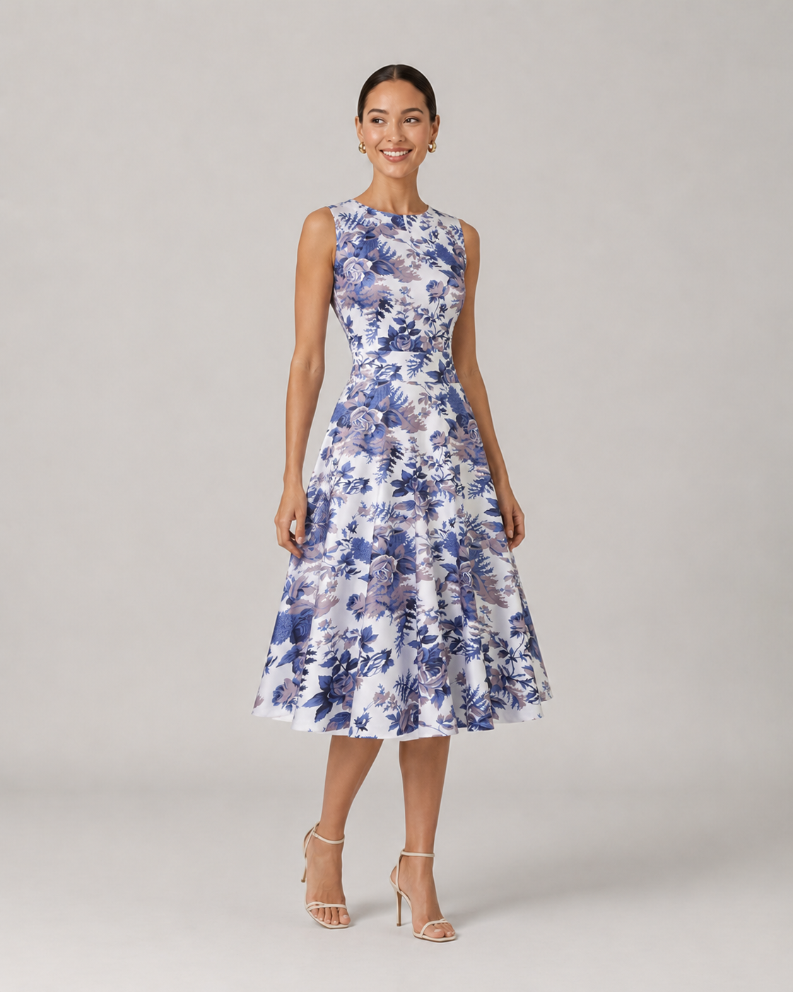 Audrey Round Neck Vintage Floral Midi Dress in Sky Blue