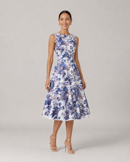 Audrey Round Neck Vintage Floral Midi Dress in Sky Blue