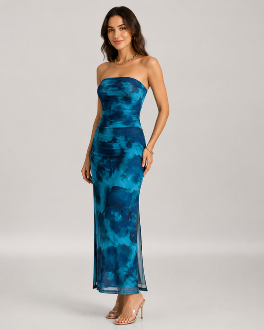 Kiki Strapless Tie Dye Print Hem Slit Midi Dress
