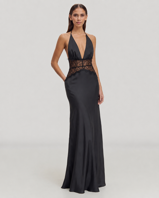 Tamsin Halter Neck Satin and Lace Backless Maxi Dress