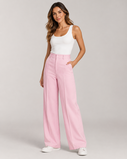 Rosie Pleat Front High Waist Wide Leg Trousers in Pink