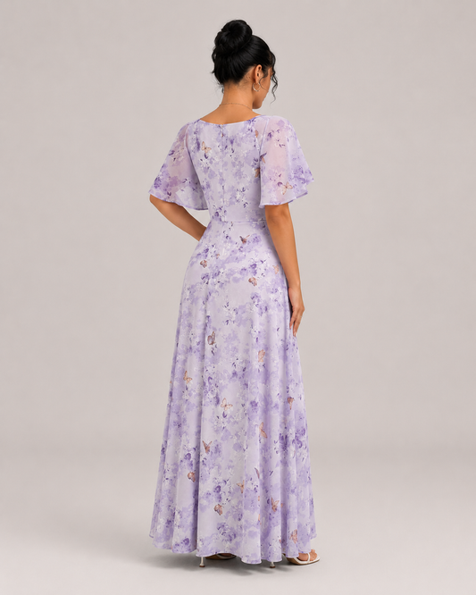 Violette Butterfly Print Batwing Mini Dress in Lavender