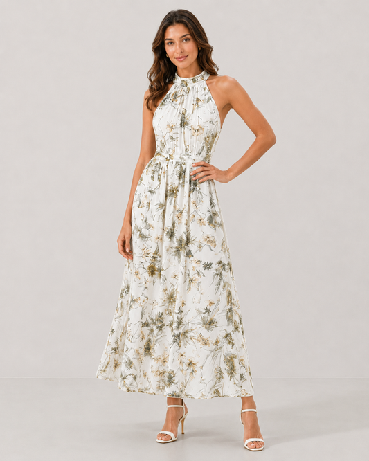 Posy Halter Neck Flowy Floral Chiffon Maxi Dress