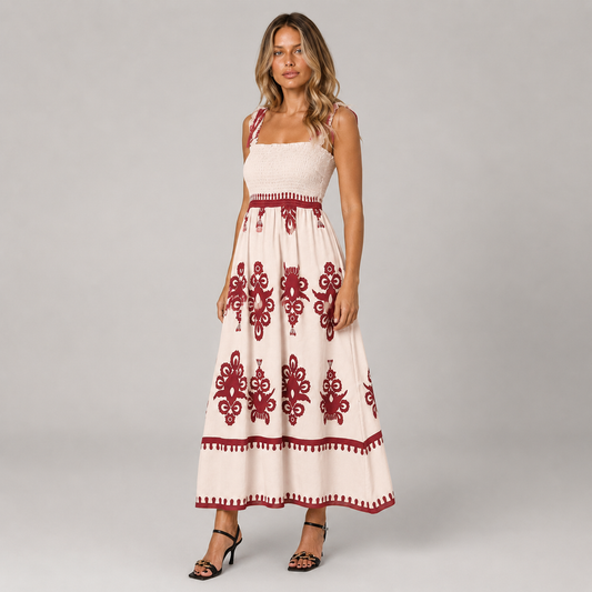 Meadow Strappy Fit and Flare Boho Print Maxi Dress