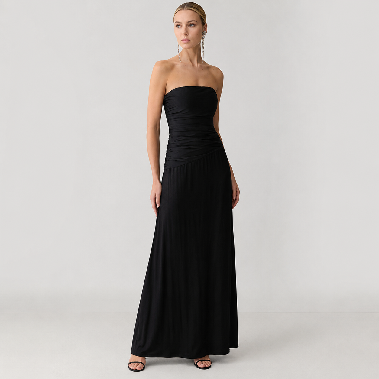 Blythe Strapless Ruched Lace-Up Maxi Dress in Black