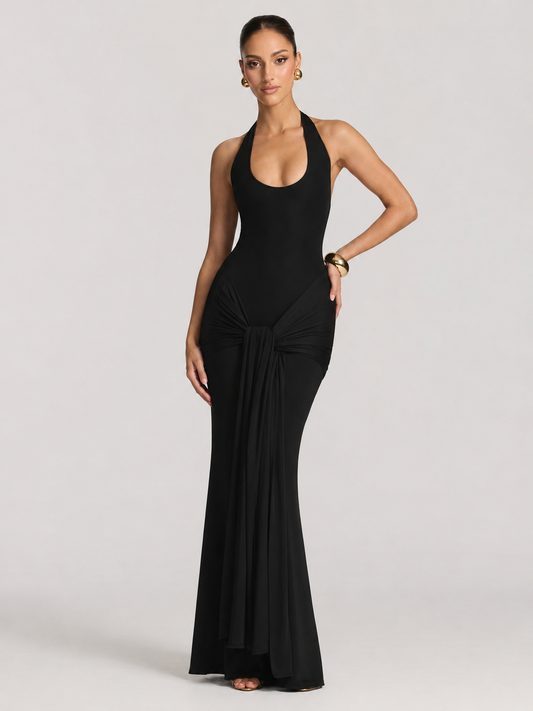 Callie Halter V Neck Draped Ruched Bodycon Maxi Dress