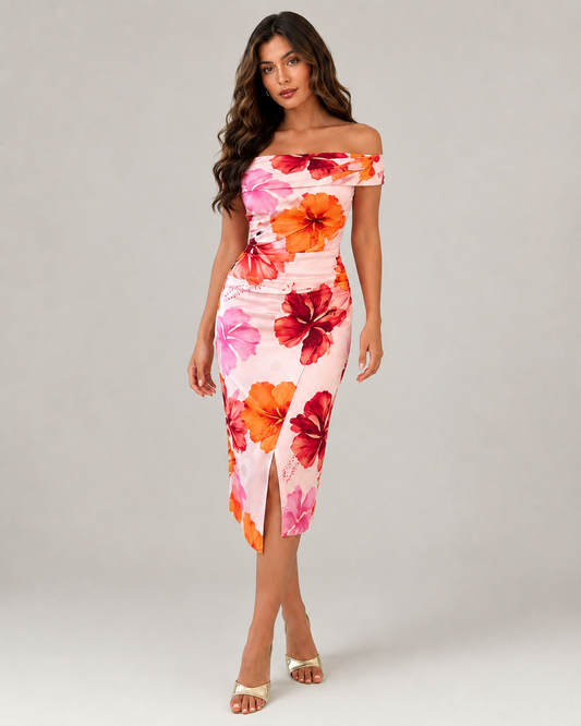 Celia Ruched Wrap Asymmetric Floral Midi Dress
