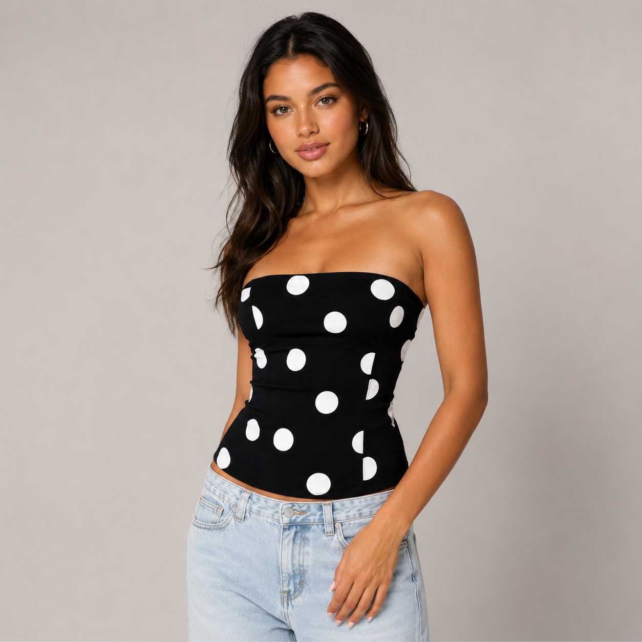 Dodie Polka Dot Tie Front Strapless Corset Top