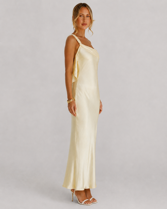 Sorrel One Shoulder Satin Thigh Split Maxi Dress