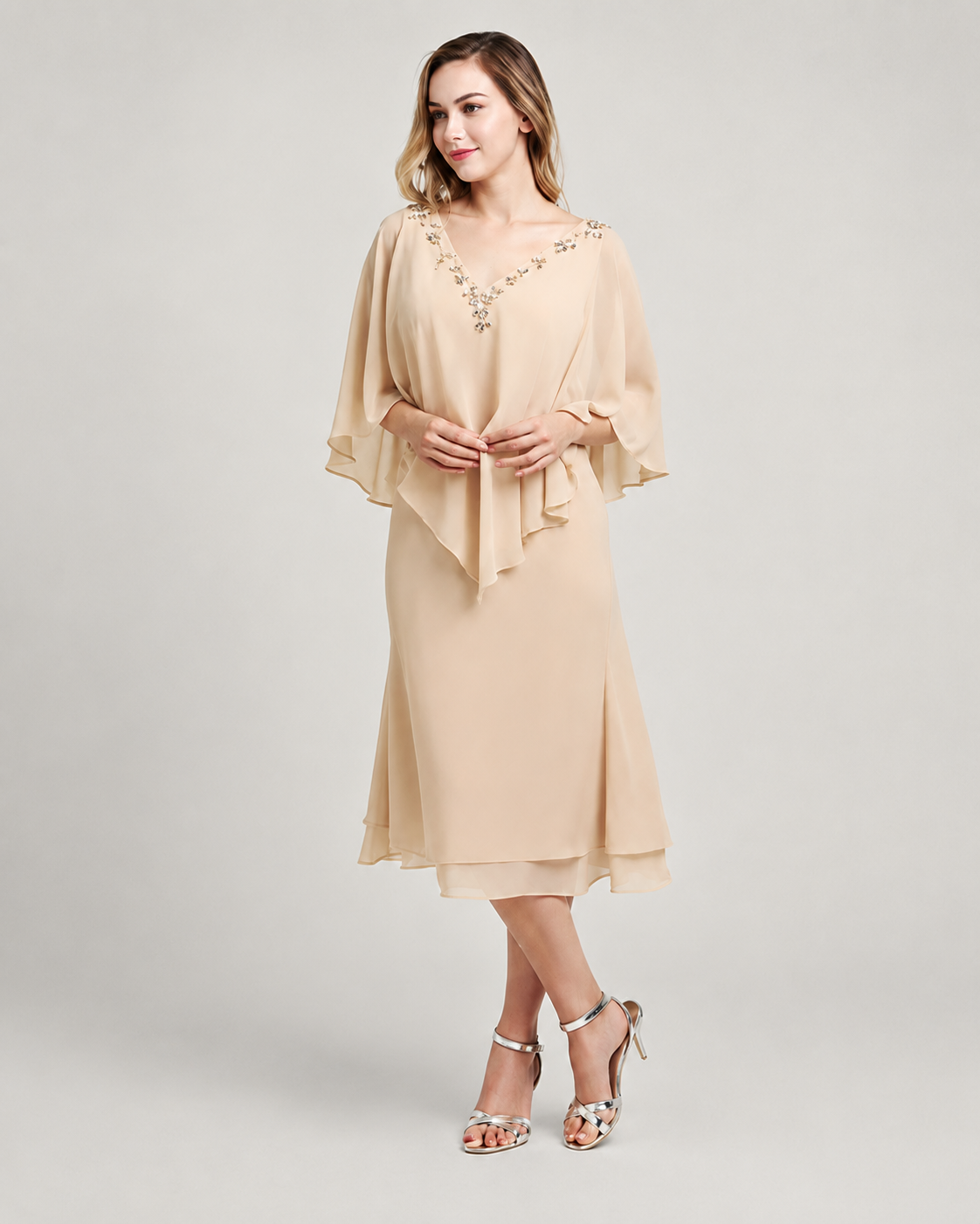 Constance Crystal Chiffon Tea Length Dress with Sleeves