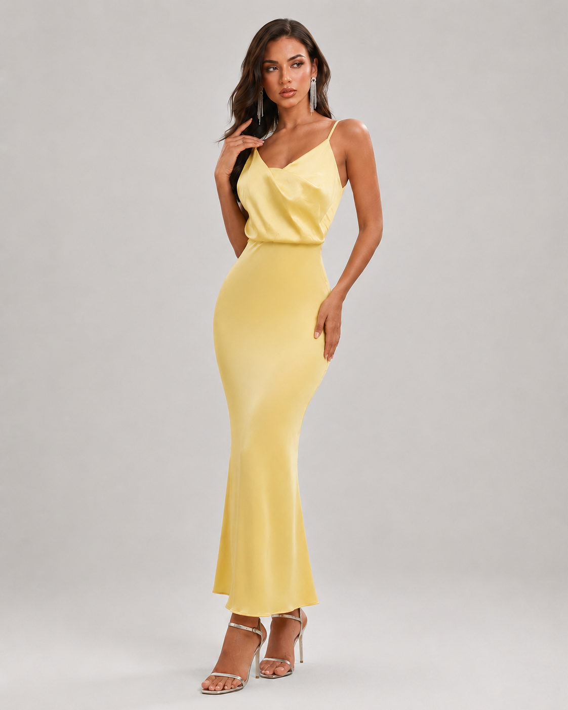 Primrose Cowl Neck Backless Satin Maxi Dress in Yellow