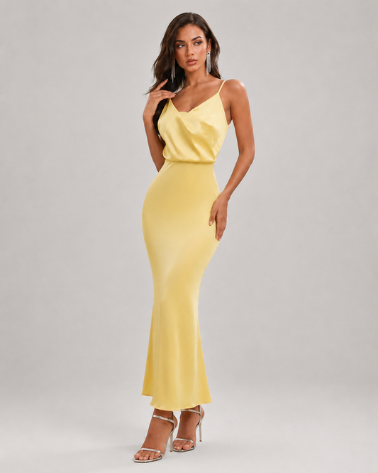 Primrose Cowl Neck Backless Satin Maxi Dress in Yellow