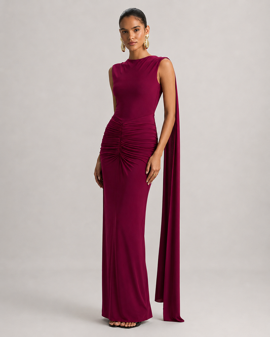 Verena Square Neck Backless Ruched Maxi Dress with Ribbon