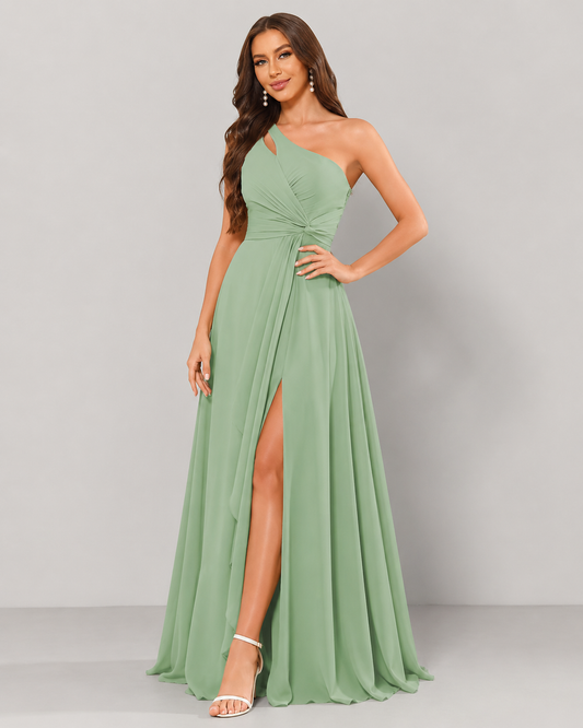 Cecily One Shoulder Ruffle Chiffon Maxi Dress with Slit