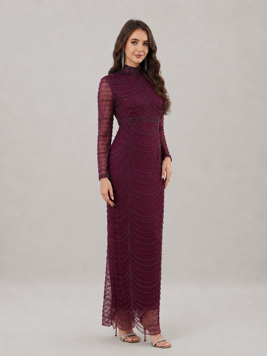 Theodora Sequin Beaded High Neck Evening Gown in Purple