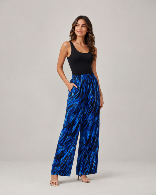 Isla Feather Print Sleeveless Wide Leg Jumpsuit in Blue