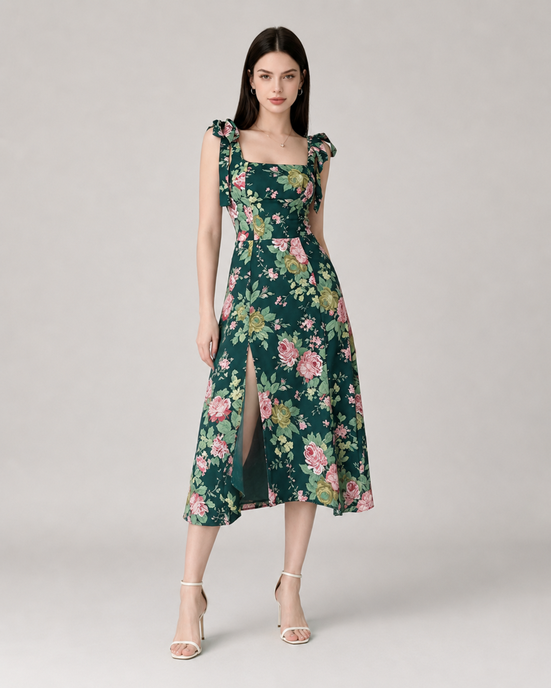 Camille Square Neck Floral Midi Dress in Vintage Green