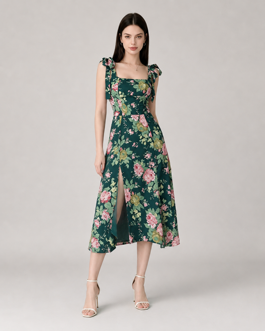 Camille Square Neck Floral Midi Dress in Vintage Green