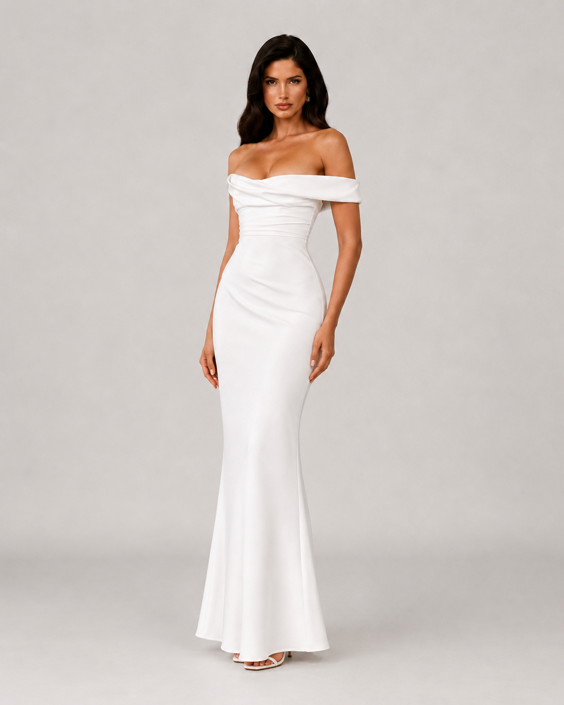 Rosalind Off Shoulder Satin Mermaid Maxi Dress in White