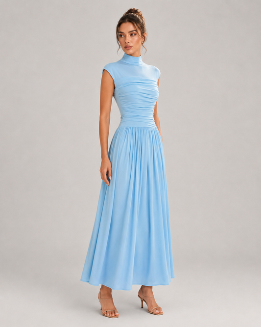 Pearl Long Sleeve Draped Fold Detail Maxi Dress in Blue
