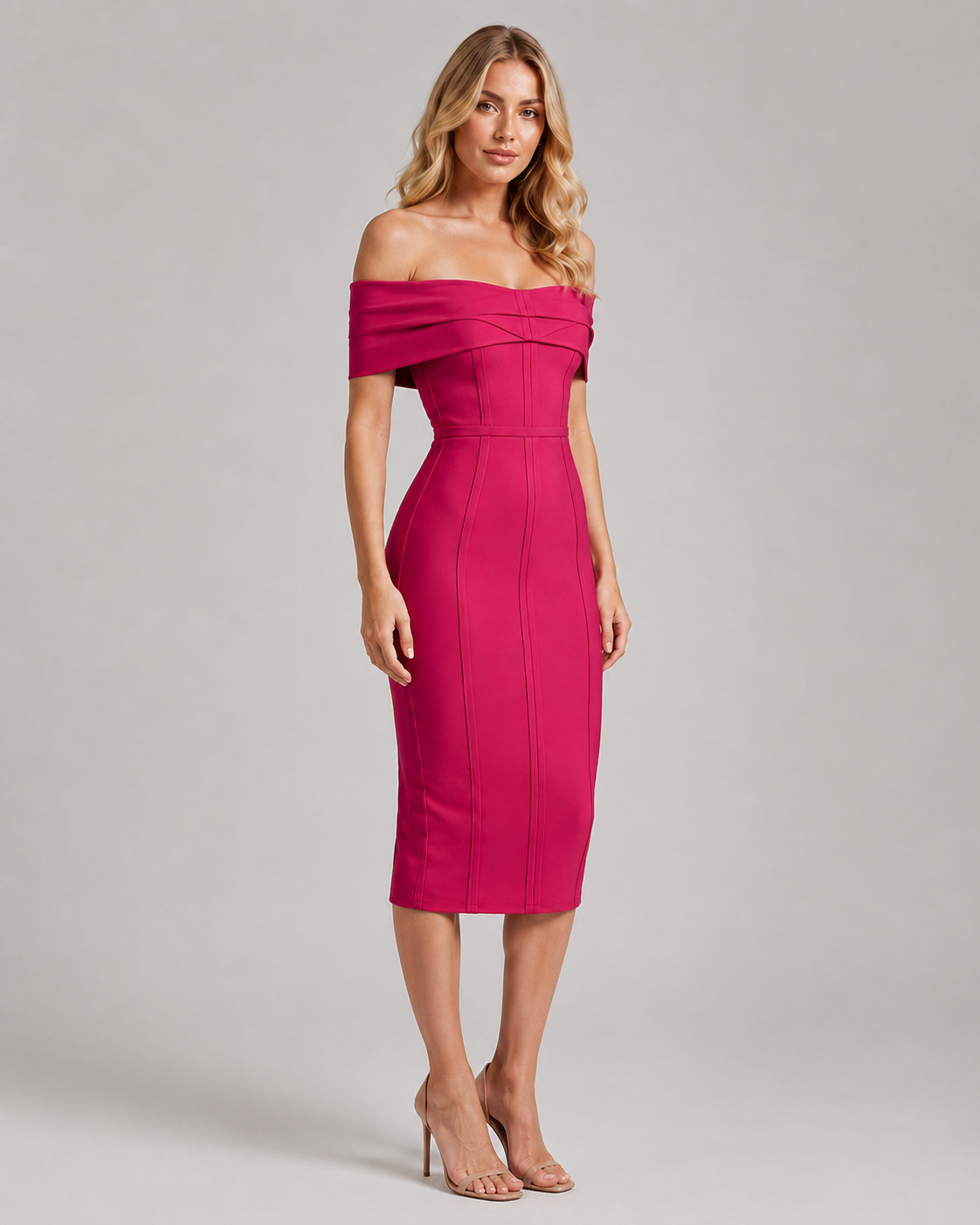 Nova Off Shoulder Bandage Bodycon Midi Dress in Fuchsia
