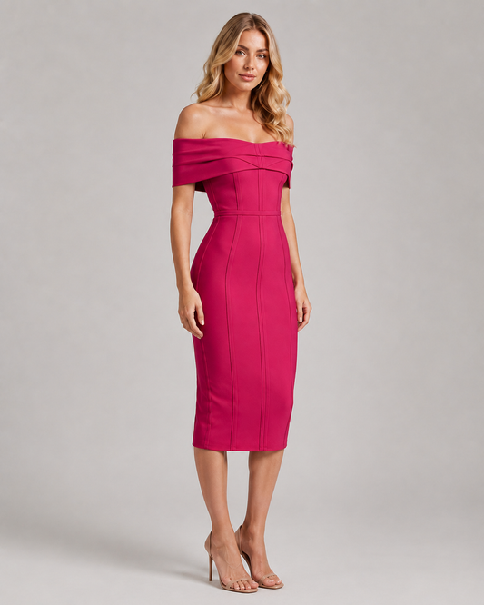 Nova Off Shoulder Bandage Bodycon Midi Dress in Fuchsia