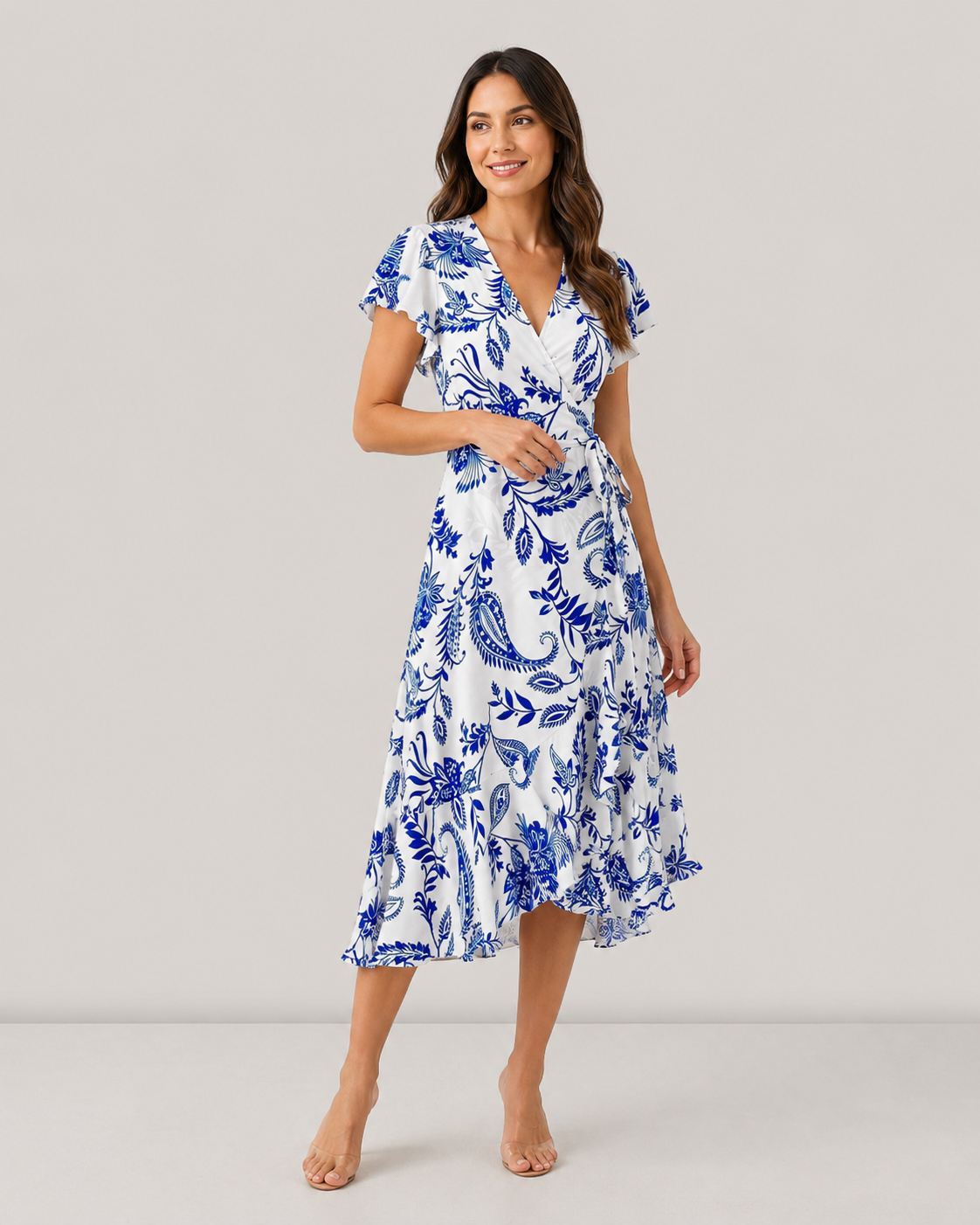 Flora Flutter Sleeve Lace-Up Print Midi Dress