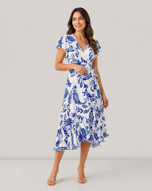 Flora Flutter Sleeve Lace-Up Print Midi Dress