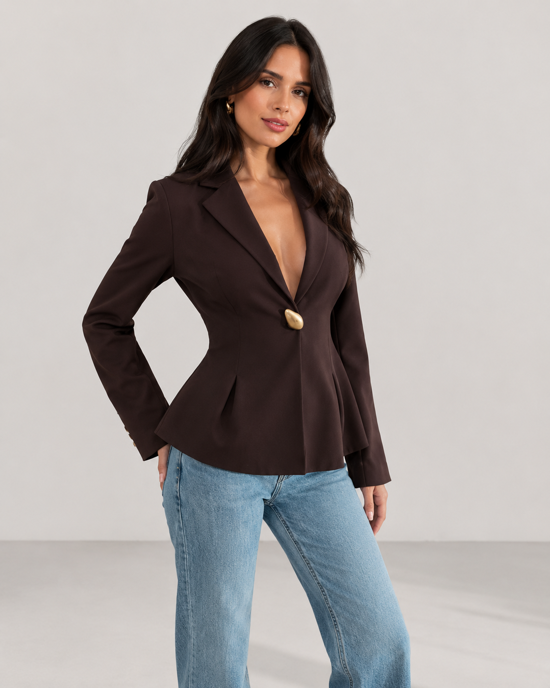 Hera Waist Cinching Single Button Blazer in Coffee
