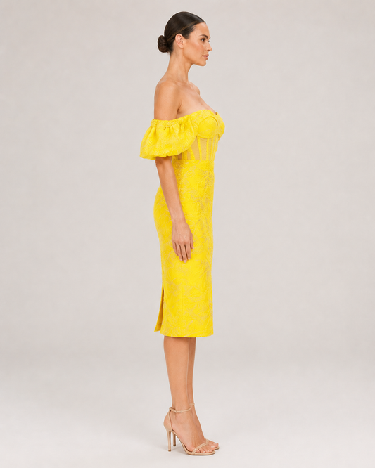 Marigold Ruffle Trim Sequin Jacquard Dress in Yellow