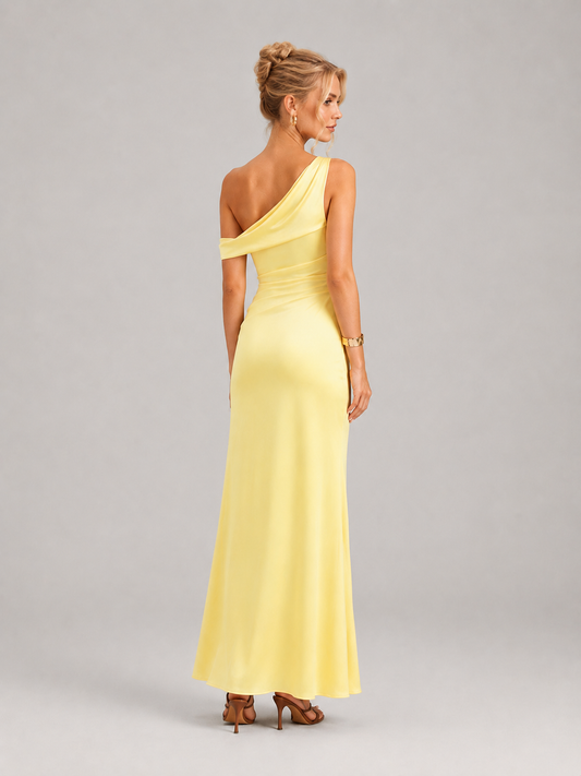 Etta One Shoulder Satin Bodycon Maxi Dress in Yellow