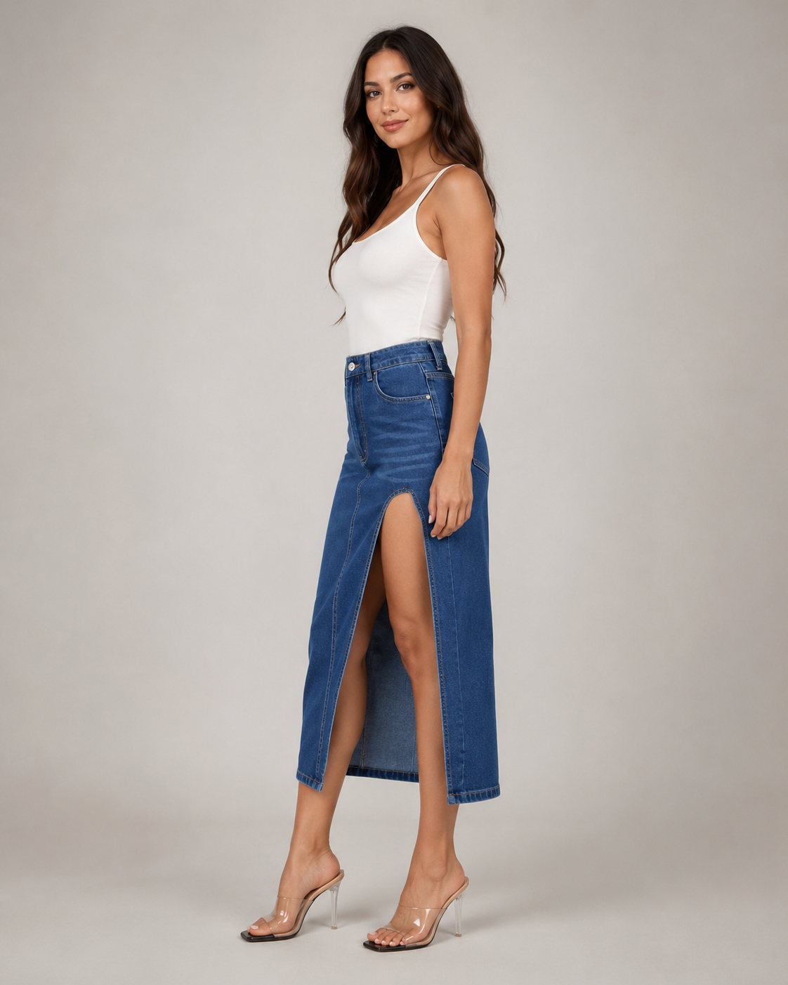 Robyn Asymmetric High Slit Denim Midi Skirt in Blue