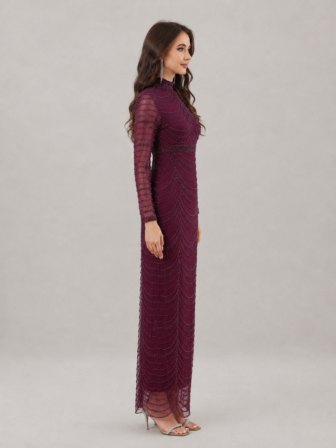 Theodora Sequin Beaded High Neck Evening Gown in Purple